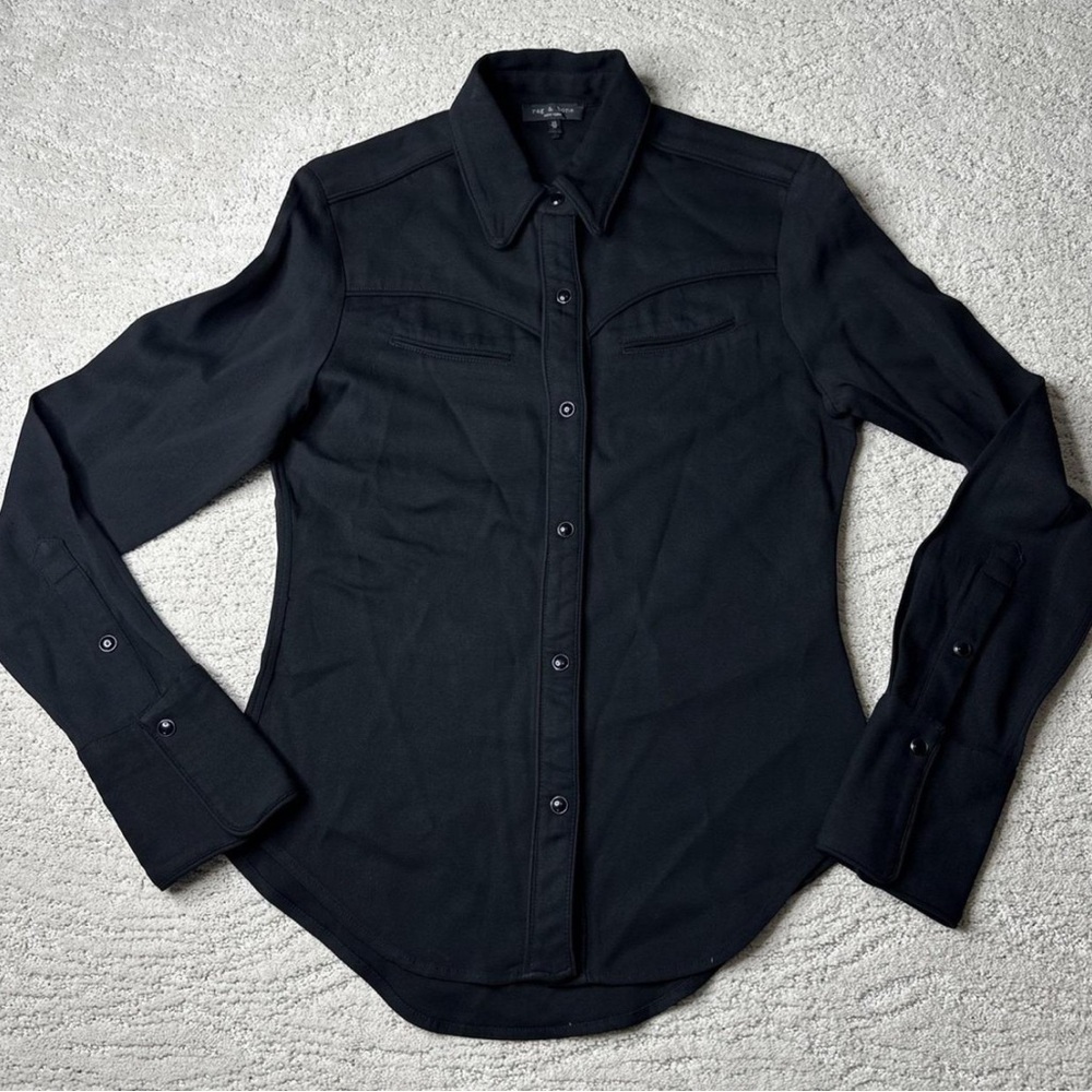 SOLD - Women's Rag & Bone XS Black Cleo Pearl Snap Piped Trim Western Shirt